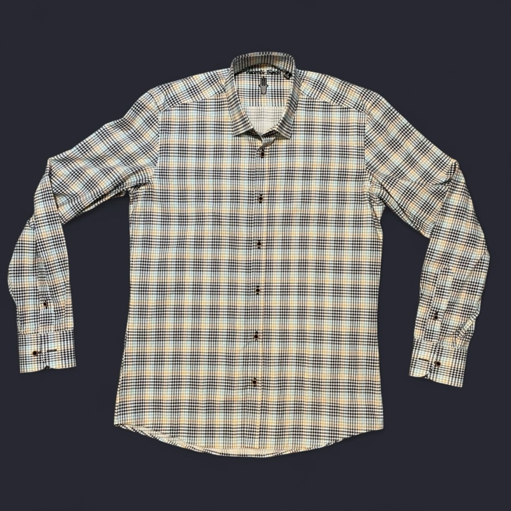 Men's Visconti Embroidered Blue Orange Plaid Houndstooth Cotton Dress Shirt S
